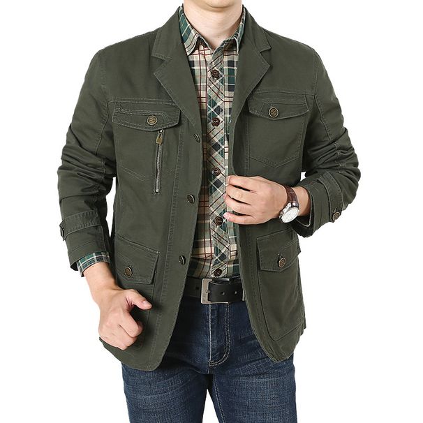 Blazer masculino de algodão - paletó clássico slim fit casual para negócios, respirável e lavável à máquina, cáqui e verde-exército_voghion.com