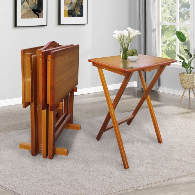 With Of Set Folding Trays Rack Honey 4 Storage Snack Table_voghion.com