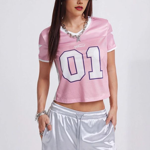 Maglietta sexy con scollo a V e ombelico esposto, in stampa digitale, da donna, con colori a contrasto_voghion.com