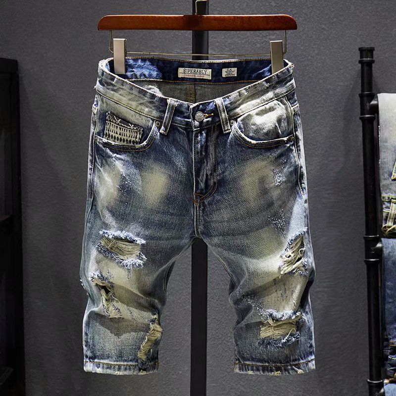 Herrenbekleidung Jeansshorts Herren Sommer dünne Arbeitskleidung 5-Punkt-Stretch Jugend Sommer zerrissen locker große Größe mittellange Hose Trend_voghion.com