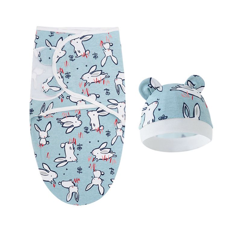Babydecke/Mütze-Set, Cartoon-Druck, Baumwolle, für Neugeborene, verstellbar, Wickeltuch für den Schlaf von Kleinkindern, alle Jahreszeiten, 0–6 Monate_voghion.com