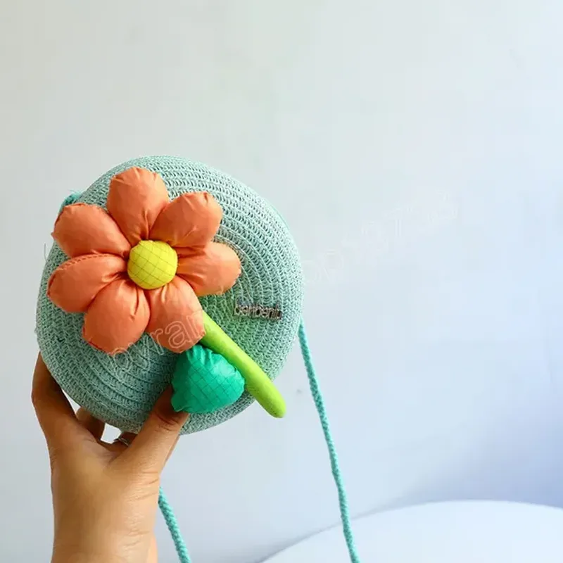 Suower bebê meninas pequena bolsa de moedas handbas crianças artesanal palha praia ombro adorável floral crianças redonda crossbody_voghion.com