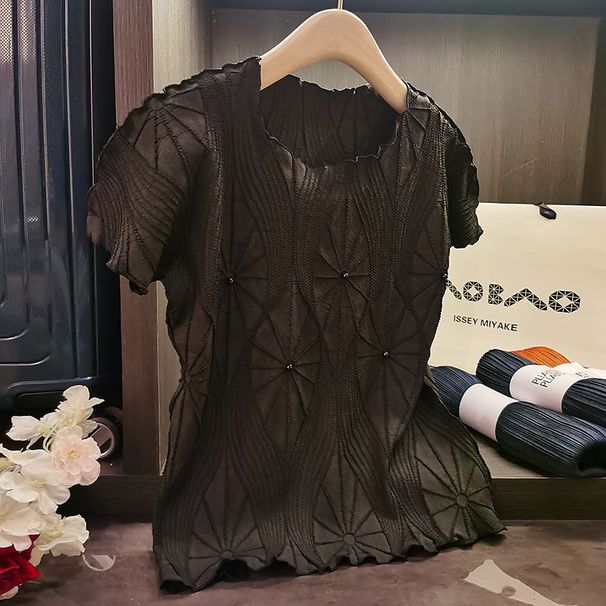 Plissiertes Oberteil für Damen, modisches, mit Perlen besetztes, 3D-besticktes Blattmuster, handplissiertes T-Shirt mit schmaler Passform_voghion.com