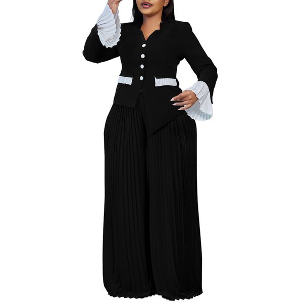 Moda Donna Top Manica Tromba Pantaloni A Gamba Larga Plissettati Set Due Pezzi Abbinati Colore_voghion.com