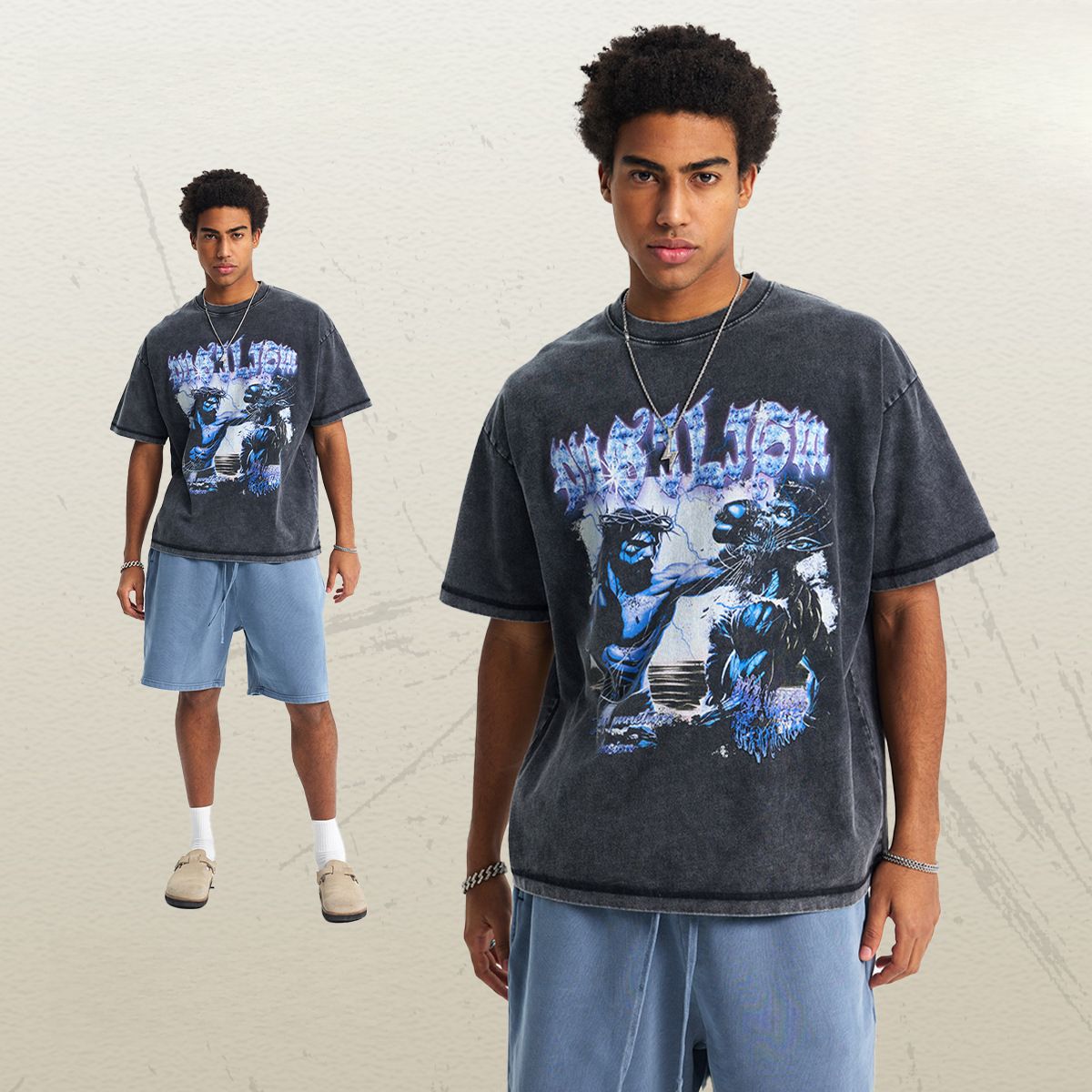 American Retro High Street White Ink Direct Injection Old Printed T-shirt_voghion.com