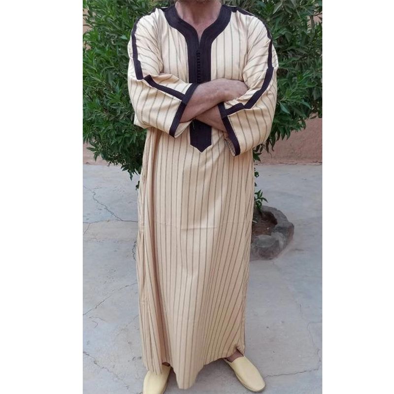 Men's Clothing Ethnic Style Long Sleeved Striped Men's Muslim Robe_voghion.com