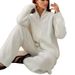 Completo invernale in maglia per donna - Cardigan con zip in maglia spessa e pantaloni a gamba larga, due pezzi (disponibile in 6 colori neutri, taglia unica)_voghion.com
