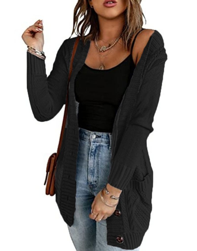 Giacca da donna a maniche lunghe con cardigan in maglia intrecciata con fibbia e cappotto in maglia con tasche_voghion.com
