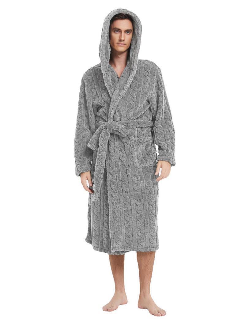 Men's Large size comfortable cotton velvet jacquard hooded men's nightgown autumn and winter thickened couple nightgown_voghion.com