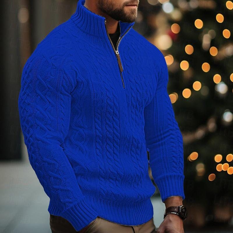 ​​Herrenpullover mit Zopfmuster und halbem Reißverschluss – Verdicktes Acryl, Unifarben (Weiß/Schwarz/Bläulich/Braun/Grün, S-XXXL)​​_voghion.com