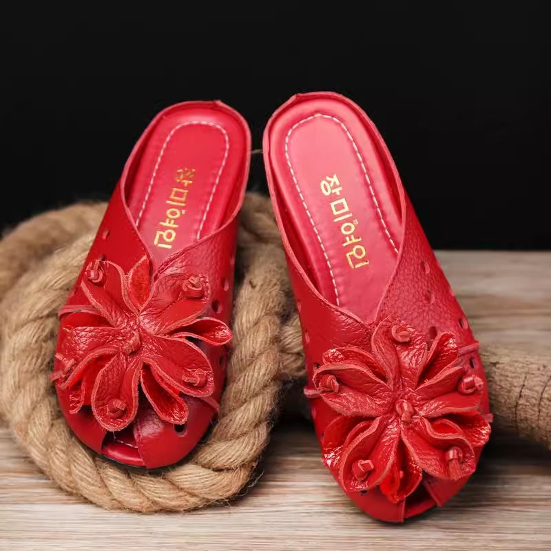 Summer Top Layer Cowhide Flower Women's Shoes Ethnic Style Non-slip Comfortable Soft Sole Flat Middle-aged Sandals_voghion.com