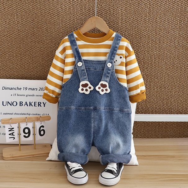 Gestreifter langärmeliger Jeans-Overall für Jungen im Herbst 2024, Neuware, zweiteiliger Baby-Overall mit dreidimensionalem Cartoon-Muster_voghion.com