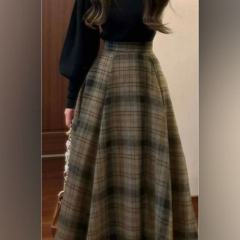 Blomknoppsärm Halvhalsad stickad lång baströja med hög midja, rutig kjol, tvådelat set för höst och vinter, nytt plagg_voghion.com