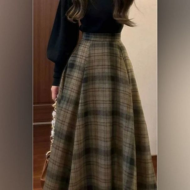 Blomknoppsärm Halvhalsad stickad lång baströja med hög midja, rutig kjol, tvådelat set för höst och vinter, nytt plagg_voghion.com