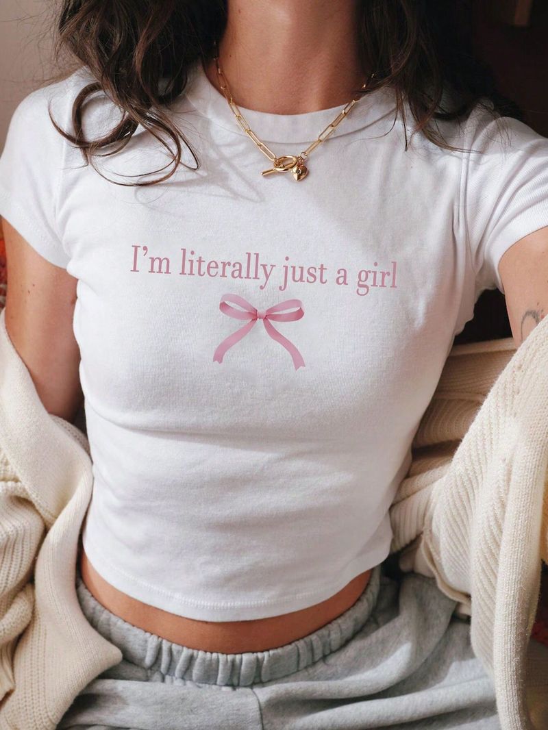 Women's Summer Slogan Bow Detail Knot Flower Round Neck Short Sleeve Casual T-shirt_voghion.com