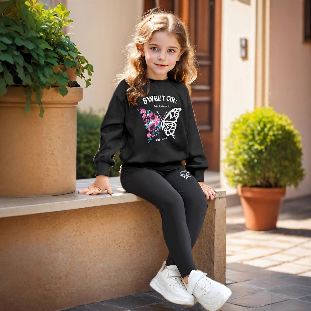 Barneklær til jenter Jentebukser med blomster- og sommerfuglmønster og vevde fritidsbukser og leggings_voghion.com