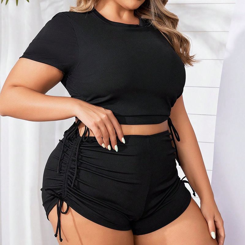 Nuevo traje de baño de bikini de playa de talla grande para mujer, de manga corta, con cordón y color sólido._voghion.com