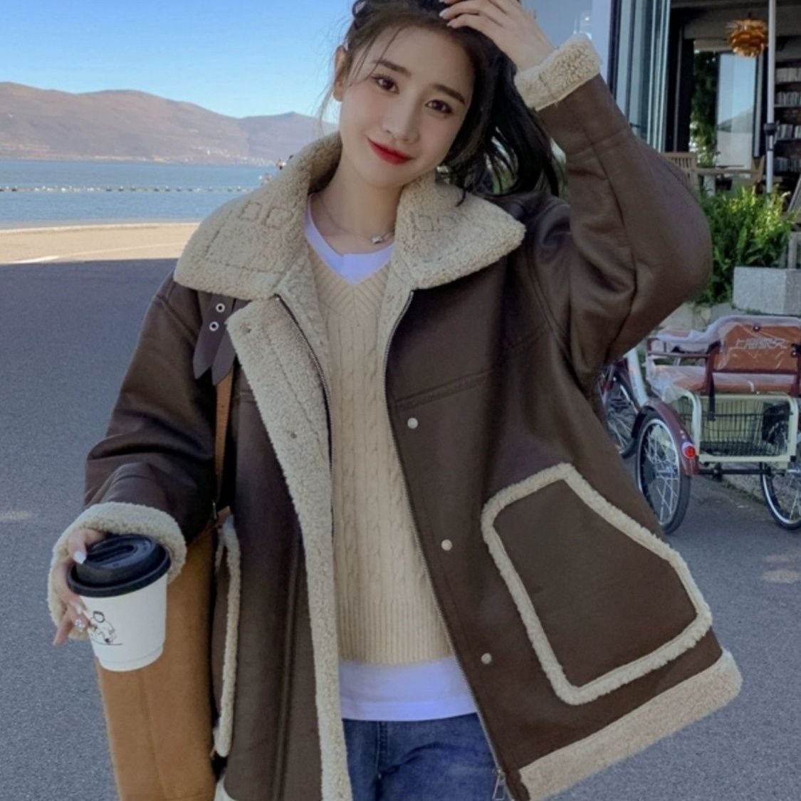 Cappotto in lana di agnello marrone per donna, inverno 2024, nuova giacca da motociclista in pelle di pecora spessa foderata in pile_voghion.com