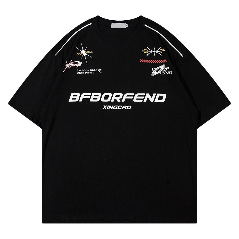 Maglietta a maniche corte oversize da uomo YPRS con design motociclistico e stile American Street Niche Couple_voghion.com