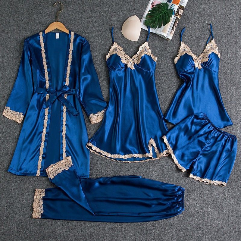 Foreign trade cross border new pajamas with chest pads Silk sexy sling golden flower five piece pajamas thin home clothes_voghion.com