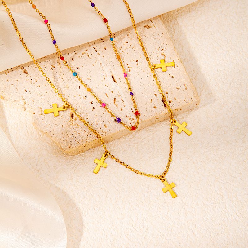 Collana a doppio strato in acciaio inossidabile con perline colorate New Cross Personality per donna, alla moda e versatile, in titanio_voghion.com