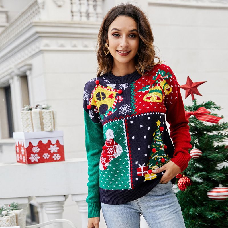 Weihnachten Damenbekleidung heißeste Kleidung kleine Schneeflocke Weihnachtspullover Weihnachtsbaumpullover Strickpullover Weihnachtsoutfit_voghion.com