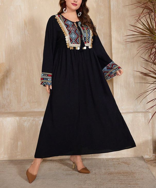 Ethno-besticktes Maxikleid mit Pailletten – Langärmliges A-Linien-Kleid für Damen, Boho-Reisekleid (0XL-4XL, Schwarz)_voghion.com