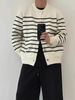 Women's Striped Knit Cardigan Sweater - Long Sleeve Casual Button Front Open Coat, Soft & Comfortable, Trendy College Style_voghion.com