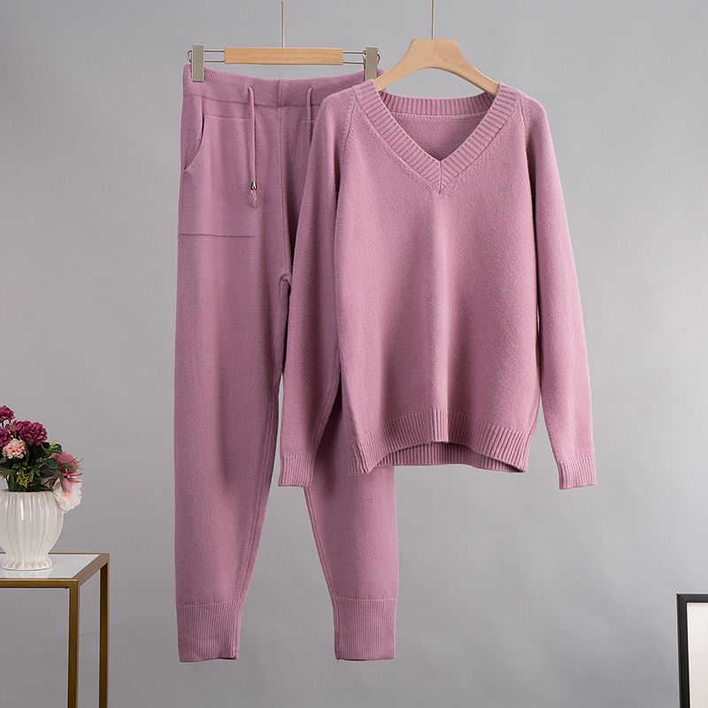 Maglione scollo a V con fondo caldo da donna + pantaloni con tasche in due pezzi_voghion.com