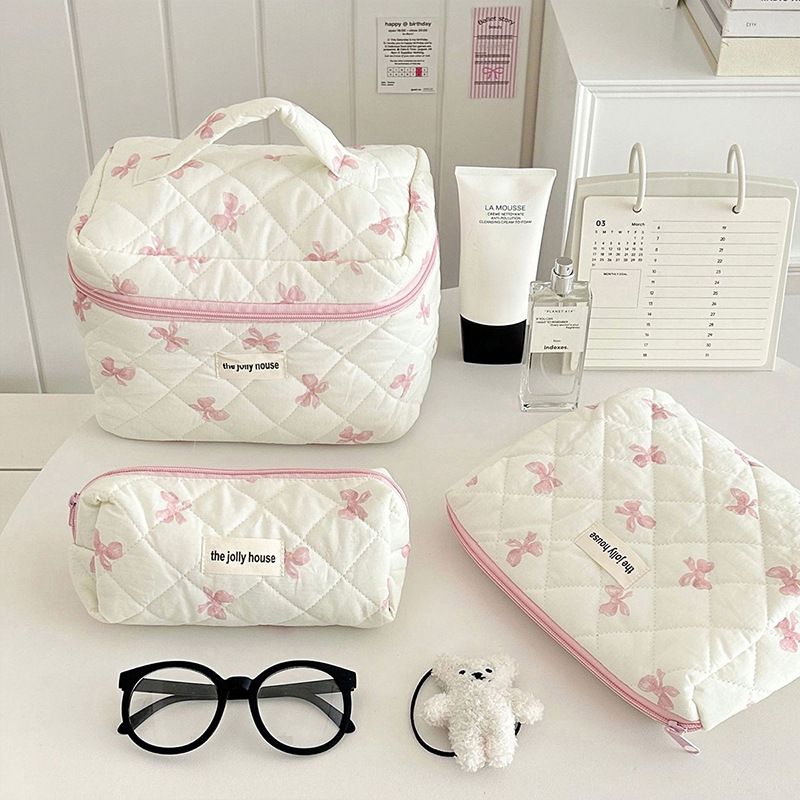 Nuova borsa da toilette trapuntata alla moda con fiocco e ciliegia, grande capacità, elegante e semplice_voghion.com