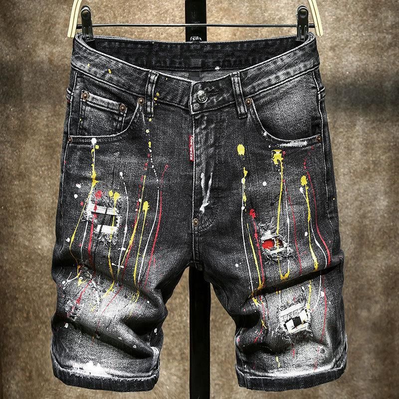 ​​Men's Distressed Paint Splatter Patchwork Stretch Denim Jeans - Black Casual Streetwear D2 Style With Embroidery (Sizes 28-38)​​_voghion.com
