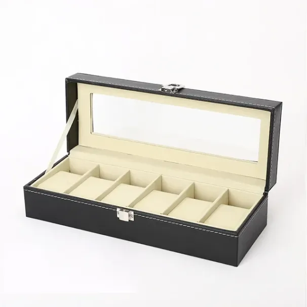 Gran oferta de caja organizadora de almacenamiento y exhibición de relojes de cuero sintético para hombre, vitrina con tapa de cristal._voghion.com