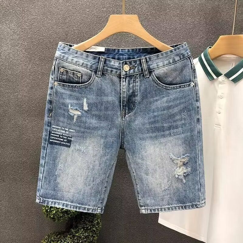 Pantaloncini in denim strappati da uomo, estivi, sottili, larghi, dritti, retrò, bianchi, di colore chiaro, graffiati, da mendicante_voghion.com