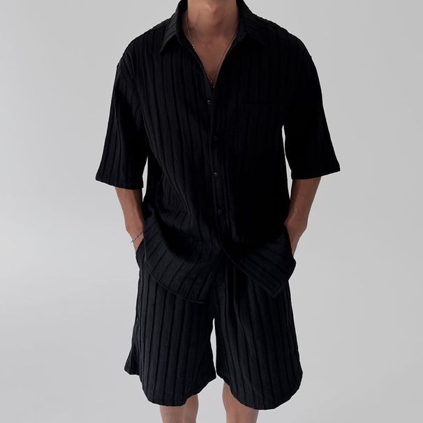 Lässiges Herren-Sportset für Frühling/Sommer: Gestreiftes Hemd, lockere Shorts_voghion.com