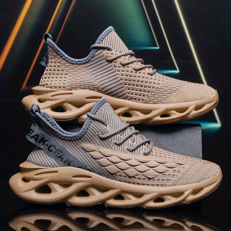 Mens Lightweight Breathable Knit Round Toe Lace Up Running Shoes Comfortable Fabric Upper, Stripe Pattern, MD Sole,_voghion.com