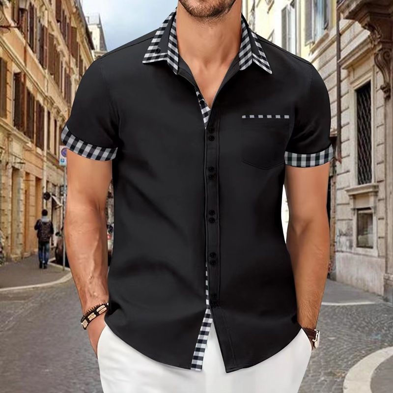 Men's Clothing Foreign Trade Summer New Short Sleeved Men's Shirt Casual Pocket Stitching Contrast Color Top_voghion.com