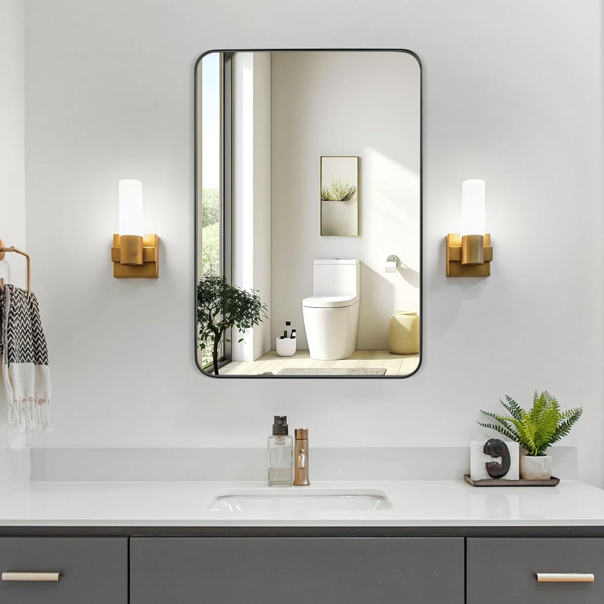Wall-mounted Makeup Mirror Round Corner Square Wall-mounted Decorative Mirror Aluminum Frame Bedroom Bathroom Creative Dressing Mirror Bath Mirror Gold/black_voghion.com