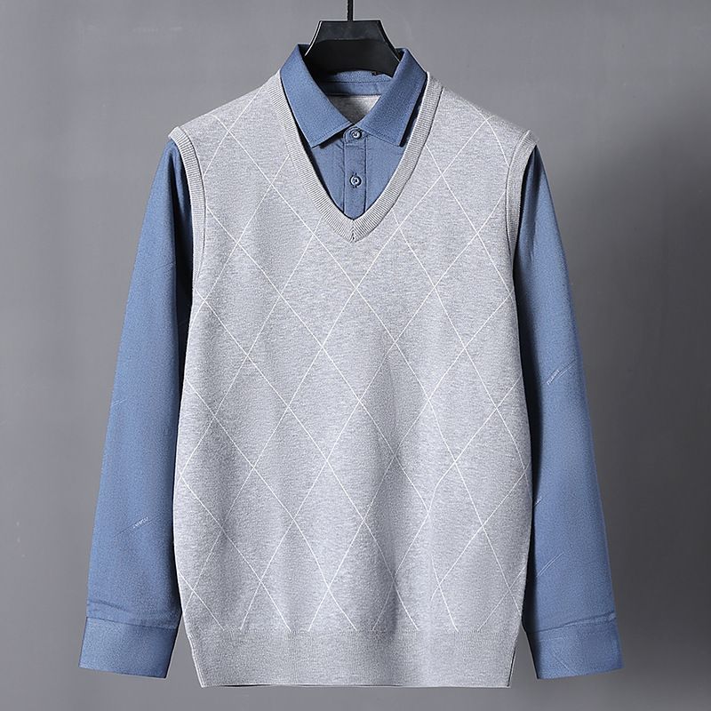 Maglione da uomo in maglia jacquard con doppio colletto, lavorato a maglia in due pezzi per l'inverno, modello Hai Brand 4U028_voghion.com