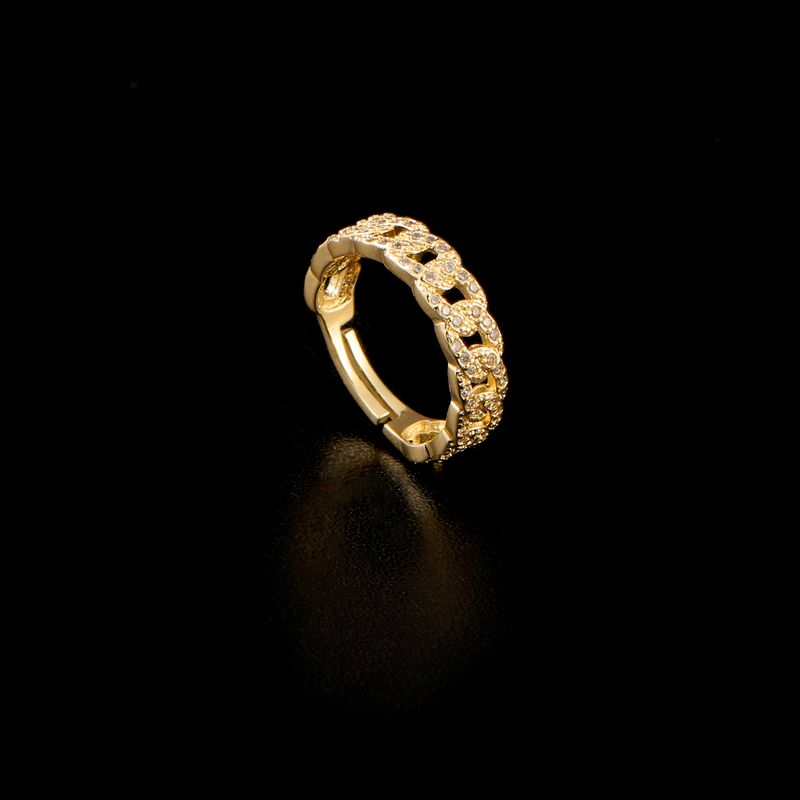 Anello da donna con zircone micro intarsiato in vero oro placcato in rame a forma di catena cubana dorata e geometrica aperta_voghion.com