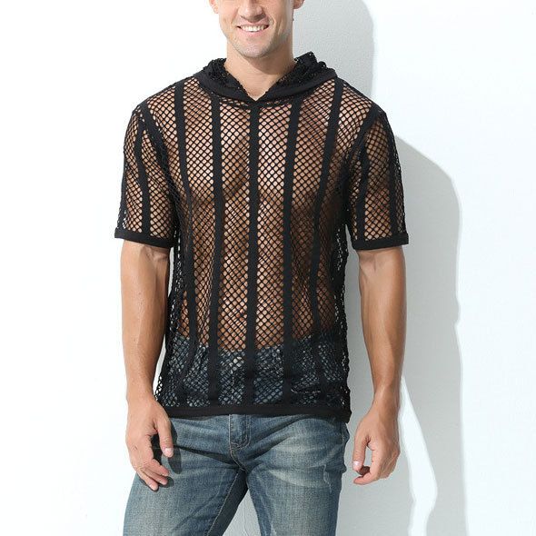 abbigliamento da uomo sexy personalità maschile canottiera attillata maglietta a maniche lunghe trasparente in rete con top cavo per uomo_voghion.com