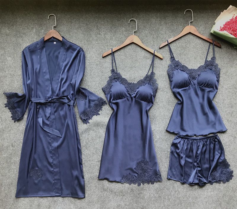 Women's summer four-piece ice ribbon chest cushion home dress set sexy summer small breasts_voghion.com