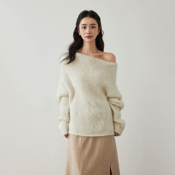 Minimalist Winter Soft Alpaca Wool Off-Shoulder Loose Knitted Sweater Fashion_voghion.com