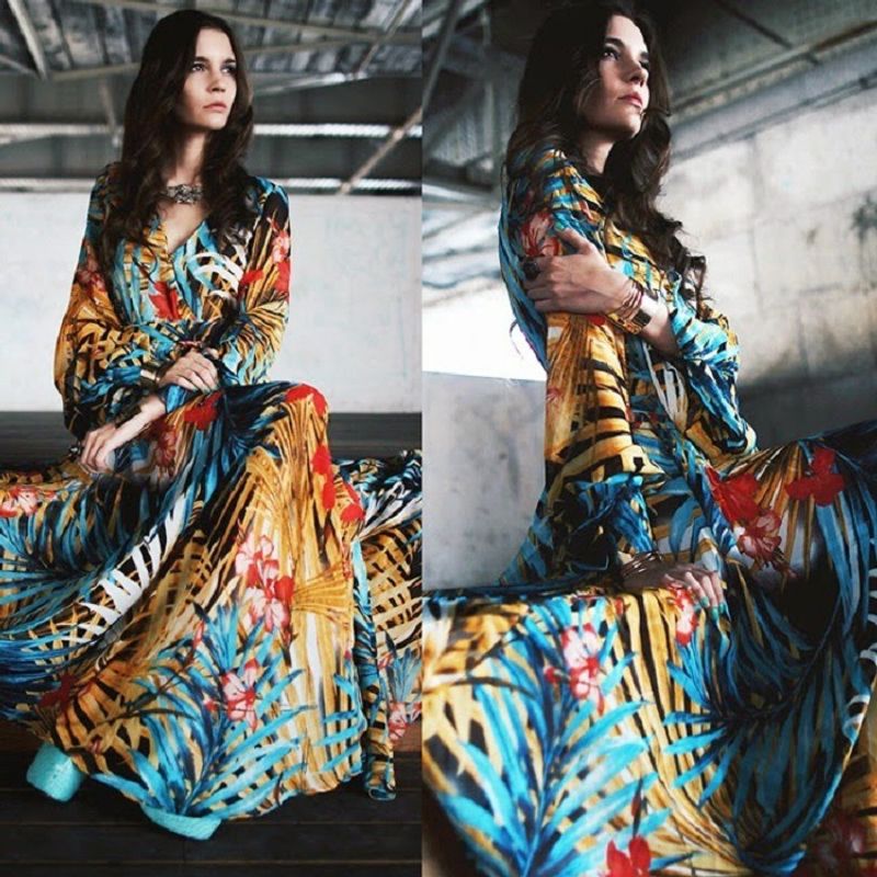 Kvinder 2023 forår sommer lanterne ærmer v-hals blonder grøn blad chiffon print stor søm kjole_voghion.com