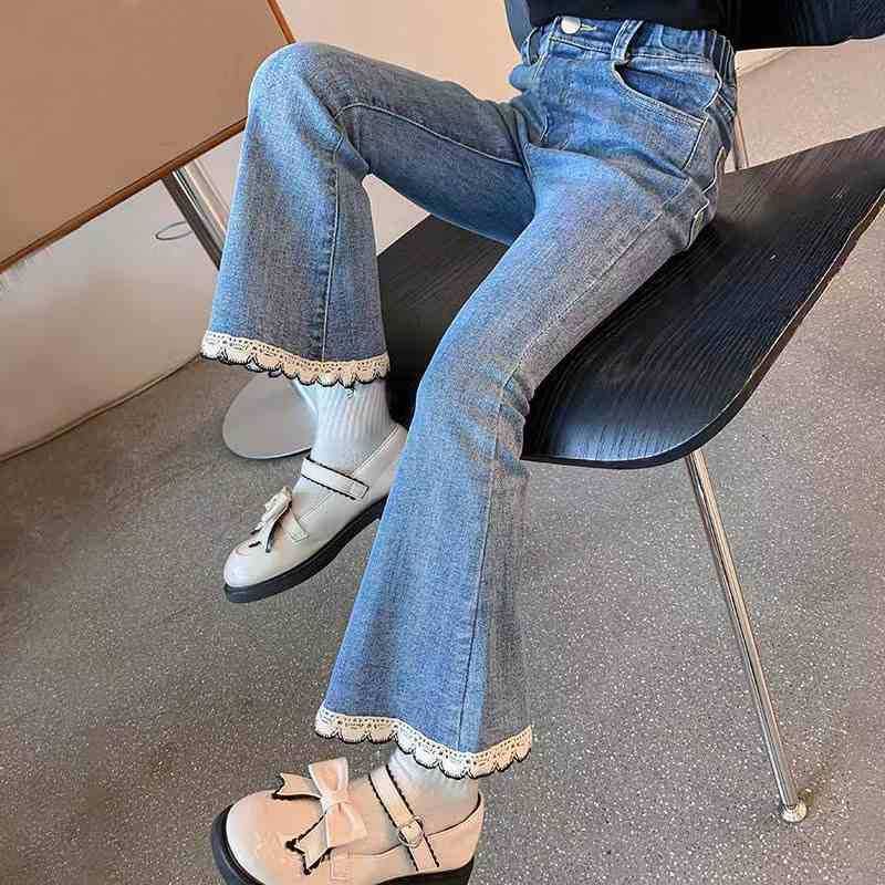 Roupas infantis Jeans para meninas Primavera e Outono Roupas elegantes para crianças Calças infantis Elásticas para uso externo Calças de renda para meninas Primavera Calças boca de sino_voghion.com