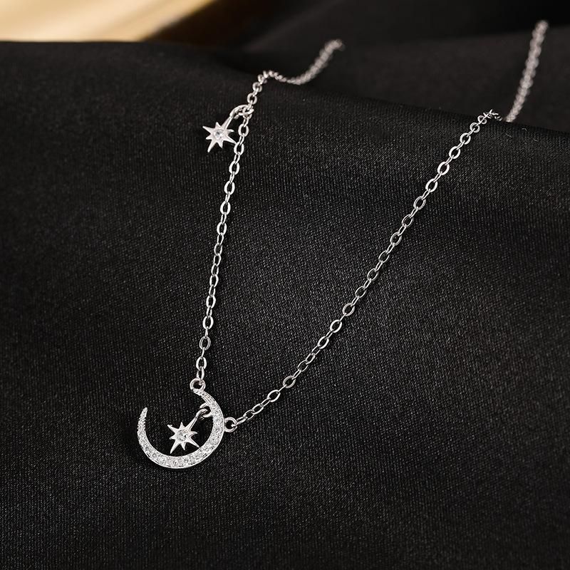 Collana con stella e luna in argento S per donna, nuova collana autunnale di lusso di alta gamma con design di nicchia e catena per clavicola con diamanti_voghion.com