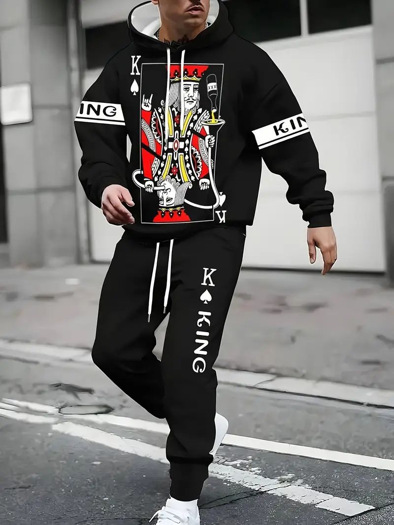 Trendiges Hoodie- und Jogger-Set mit 3D-Digitaldruck – weiches Fleecefutter, lässiges Outfit mit Poker-Thema für Männer und Frauen_voghion.com