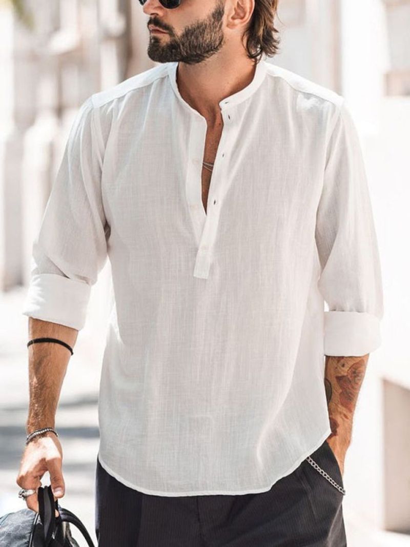 Camicia in lino di cotone con nodo di bambù a maniche lunghe in tinta unita con colletto alla coreana casual da uomo 2024 nuovo_voghion.com