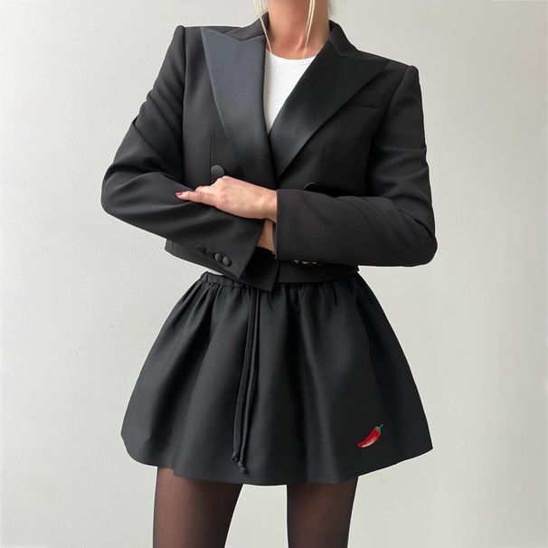 Pepper Embroidered Blazer & Mini Skirt Set Black) – S To L – Edgy Two-Piece Outfit_voghion.com