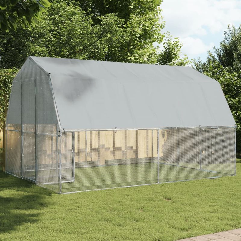 Chicken Cage with Roof and Door Silver Galvanized Steel_voghion.com