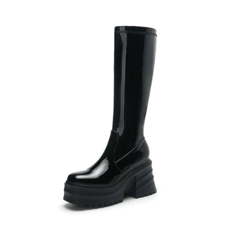 Elastic Slim Square Toe Platform Thick Sole Chunky Heel Side Zipper Over-the-Knee Long Patent Leather Red High Boots_voghion.com